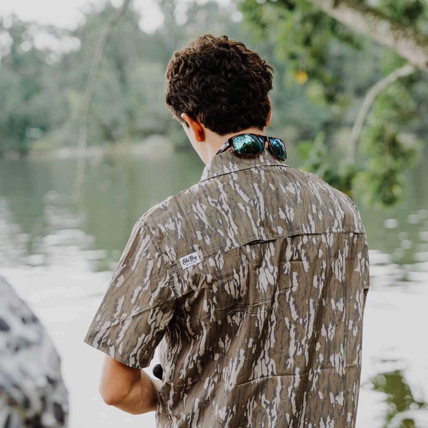 OLE BOY Performance Button Up Fishing Shirt - Bottomland Camo Lifestyle Fish