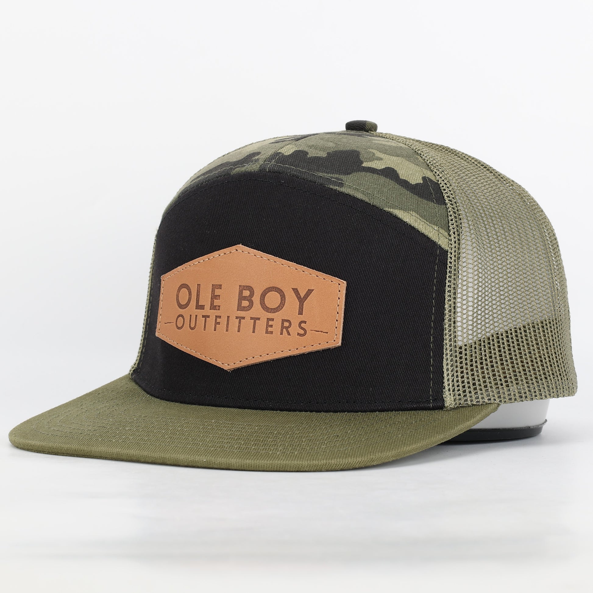 OLE BOY 7 Panel Camo Leather Patch Hat