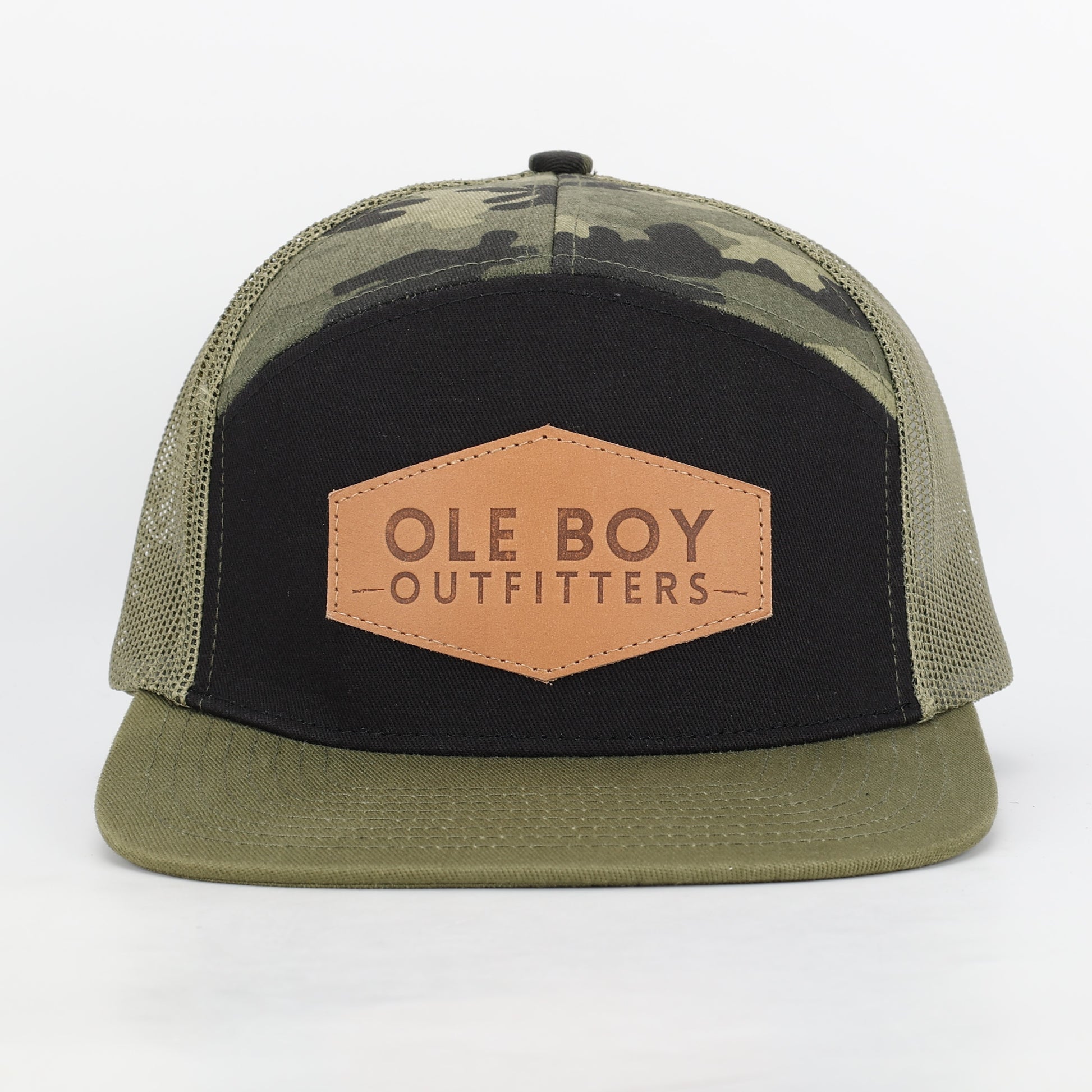 OLE BOY 7 Panel Camo Leather Patch Hat