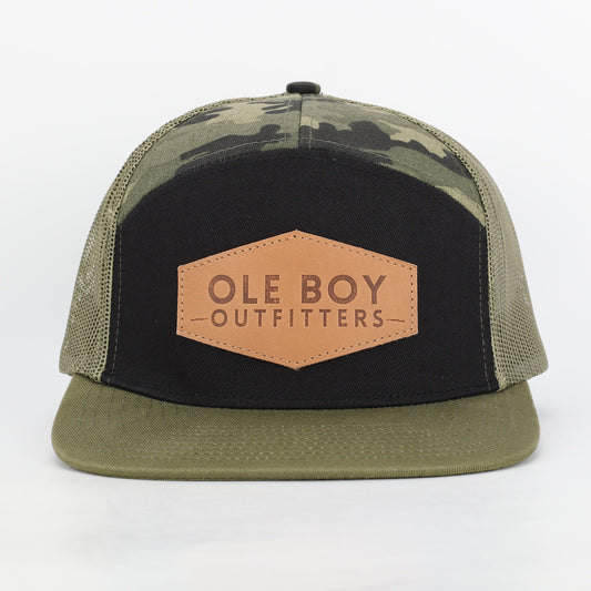 OLE BOY 7 Panel Camo Leather Patch Hat