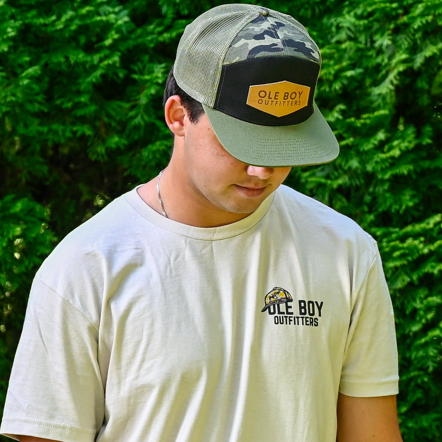 OLE BOY 7 Panel Camo Leather Patch Hat