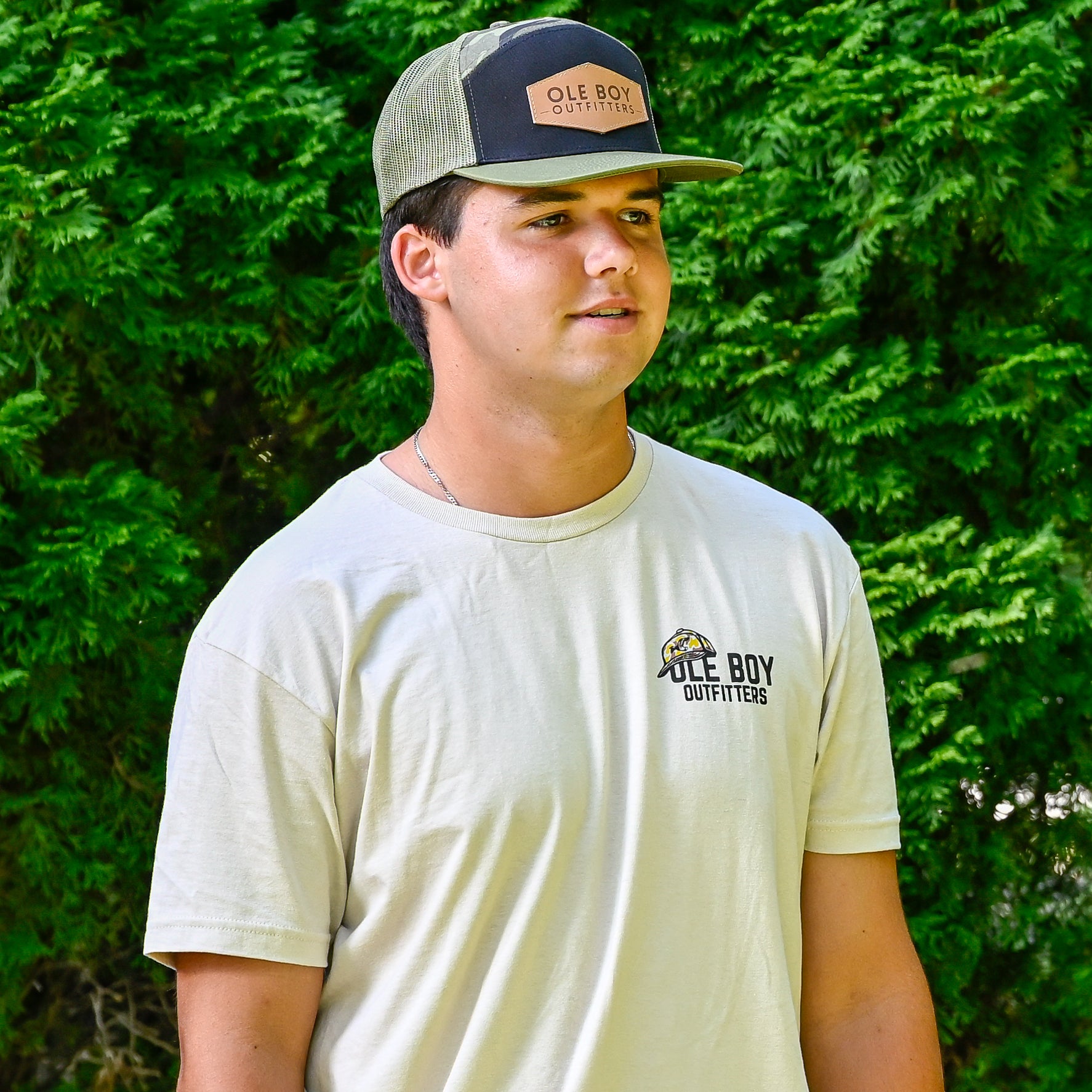 OLE BOY 7 Panel Camo Leather Patch Hat